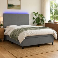 Double Size Box Spring Bed with LED Headboard in Grey