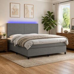 Queen Size Box Spring Bed with LED Headboard in Dark Grey