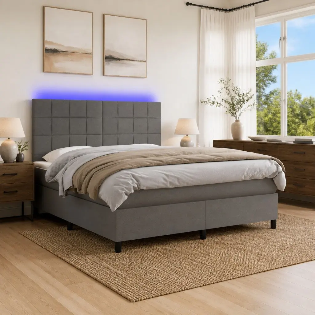 Queen Size Box Spring Bed Grey Fabric with Pocket Spring Mattress and Adjustable LED Headboard