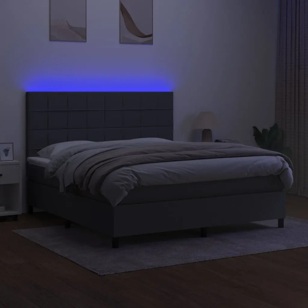 Queen Size Box Spring Bed Grey Fabric with Pocket Spring Mattress and Adjustable LED Headboard