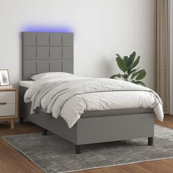 King Single Box Spring Bed with LED Lights Adjustable Headboard Fabric Mattress