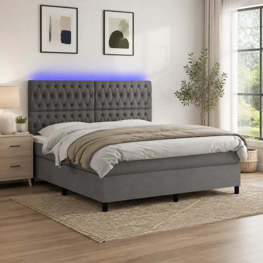 Box Spring Bed with LED Headboard Queen Size Grey Fabric
