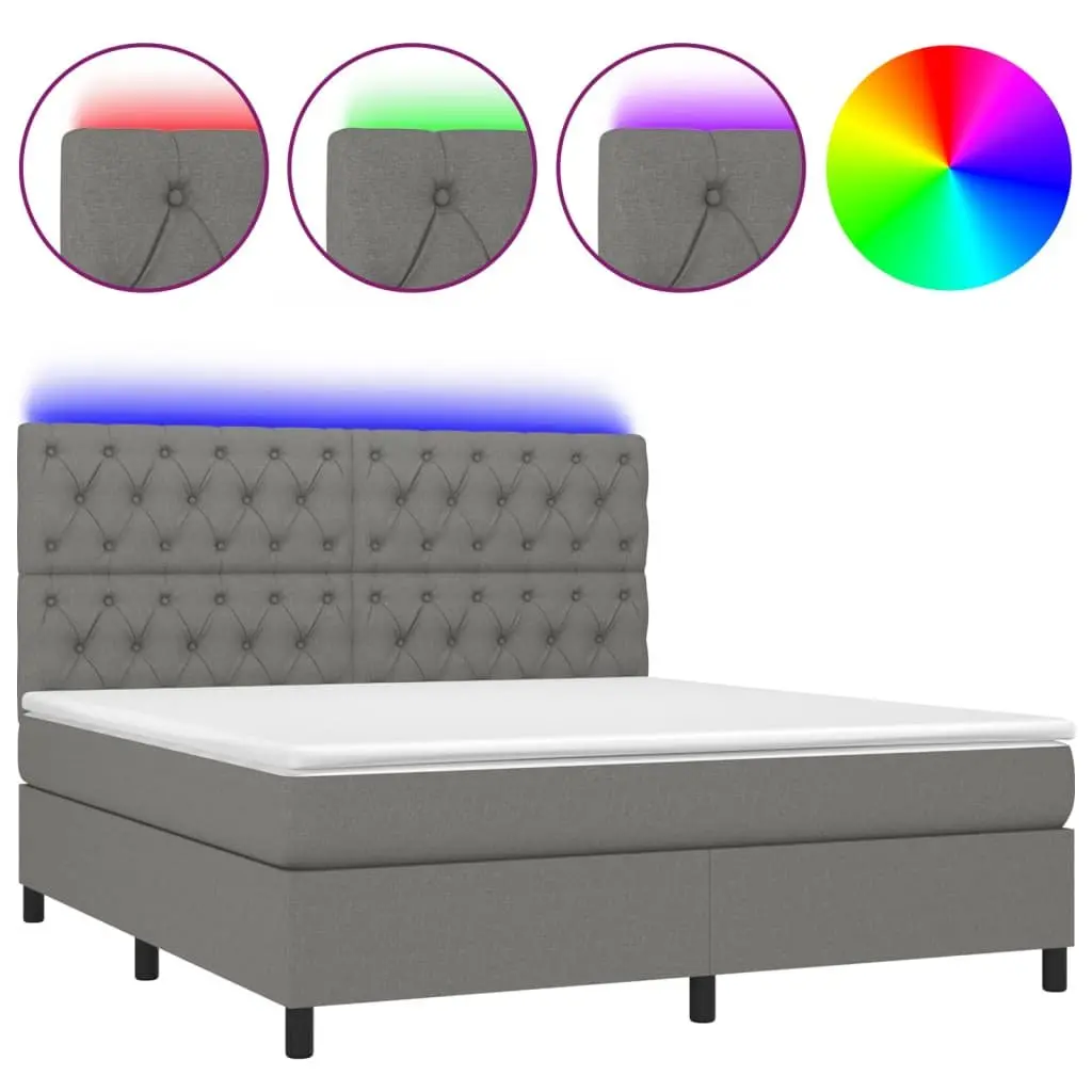Box Spring Bed with LED Headboard Queen Size Grey Fabric