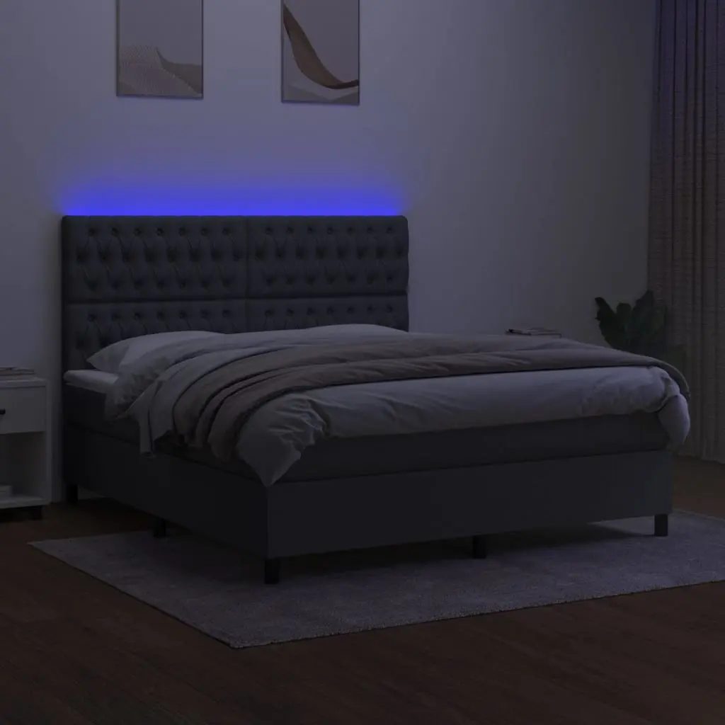 Box Spring Bed with LED Headboard Queen Size Grey Fabric
