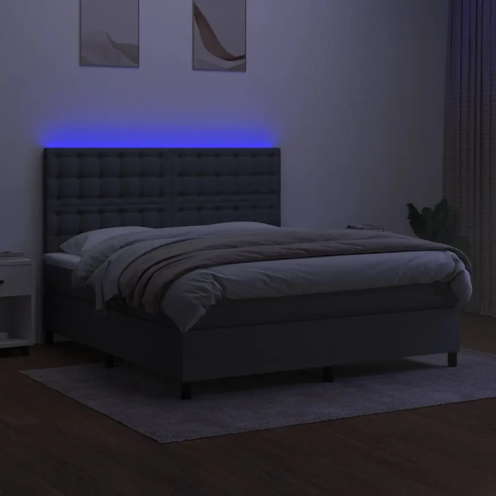 Queen Size Box Spring Bed Grey with Pocket Spring Mattress Adjustable LED Headboard 153x203cm Fabric Construction