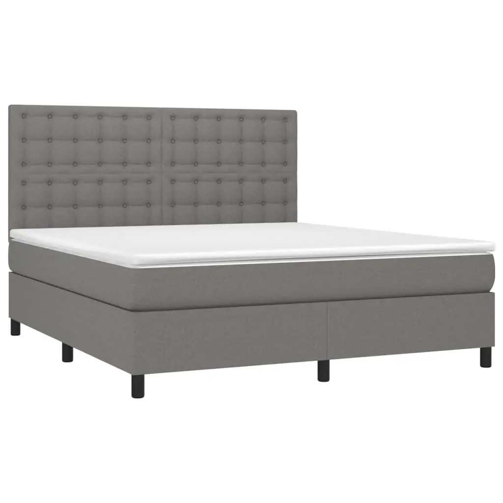 Queen Size Box Spring Bed Grey with Pocket Spring Mattress Adjustable LED Headboard 153x203cm Fabric Construction