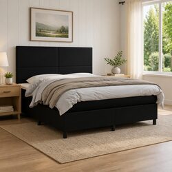 Black Faux Leather Queen Size Box Spring Bed with LED Headboard