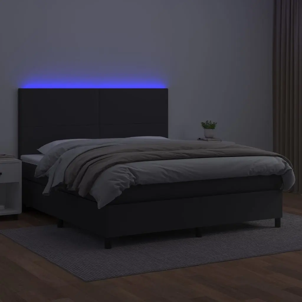 Queen Size Bed Frame with Faux Leather Upholstery Adjustable Headboard Pocket Spring Mattress Black