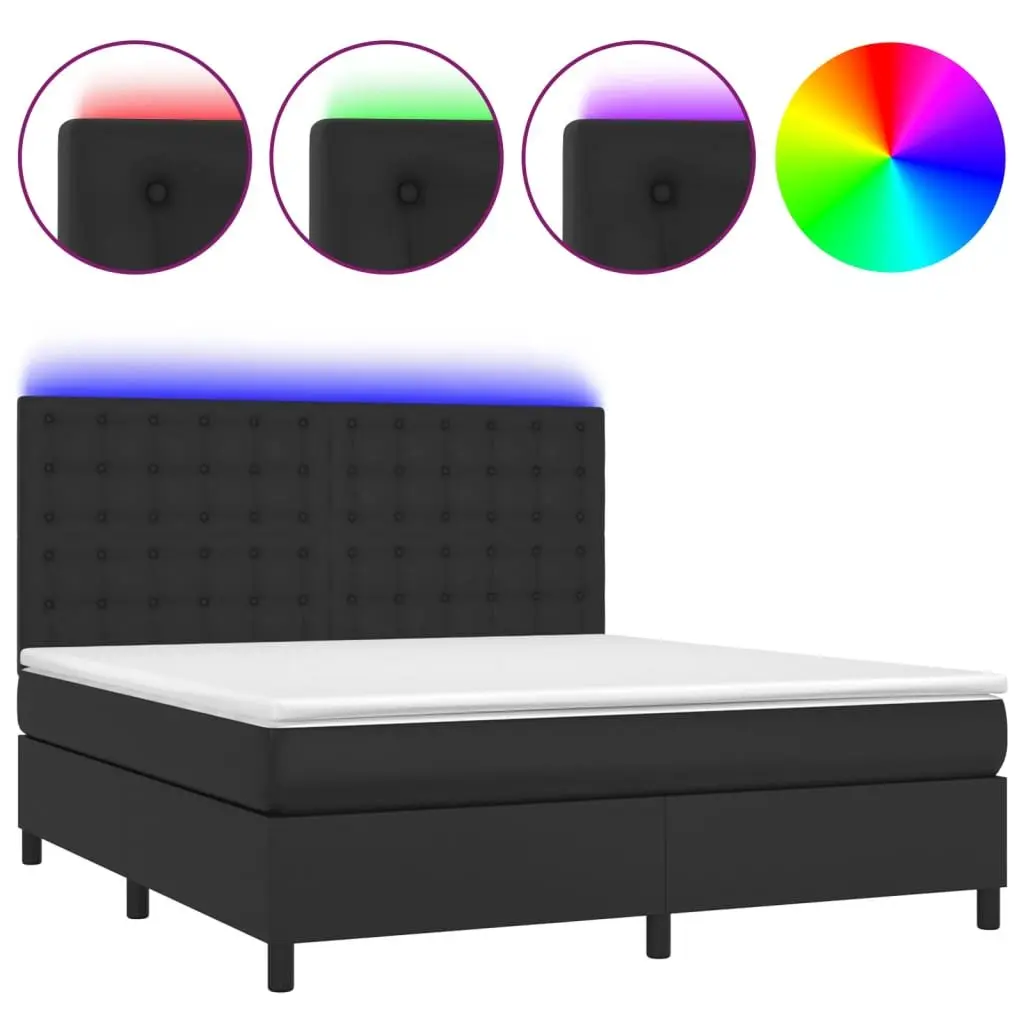 Box Spring Bed Black Faux Leather Queen Size with Pocket Mattress Adjustable LED Headboard