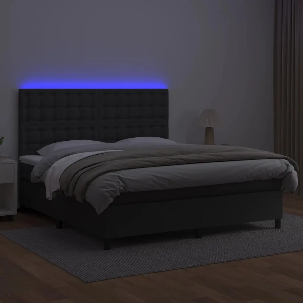 Box Spring Bed Black Faux Leather Queen Size with Pocket Mattress Adjustable LED Headboard