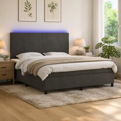 Queen Size Box Spring Bed with Velvet Grey LED Headboard
