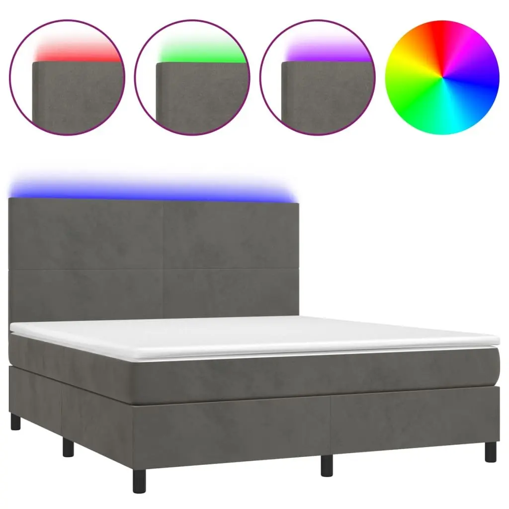 Queen Size Box Spring Bed Velvet Grey 153x203 cm with LED Lights Adjustable Headboard Pocket Spring Mattress