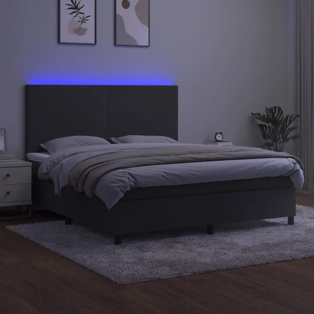 Queen Size Box Spring Bed Velvet Grey 153x203 cm with LED Lights Adjustable Headboard Pocket Spring Mattress