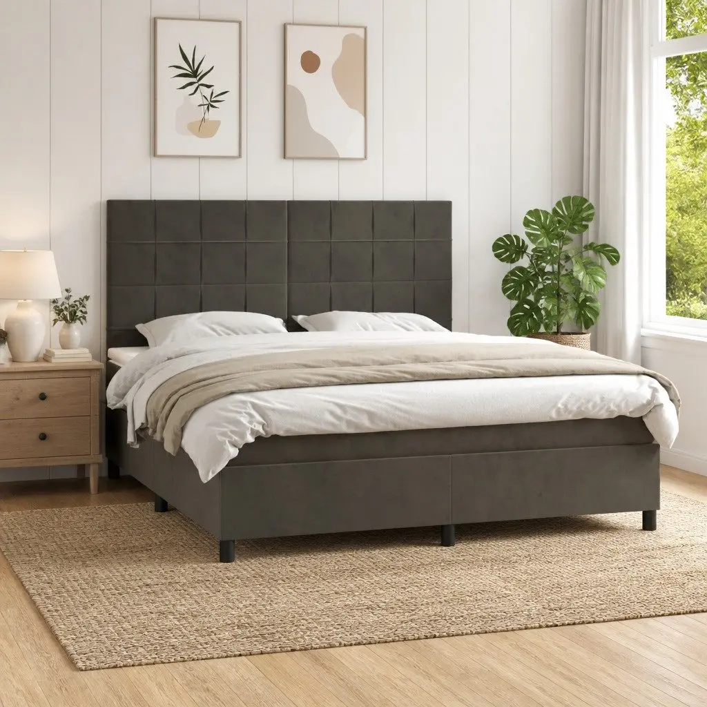 Queen Size Box Spring Bed with Pocket Spring Mattress Adjustable LED Headboard Grey Velvet