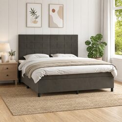 Queen Size Box Spring Bed with LED Headboard in Grey Velvet