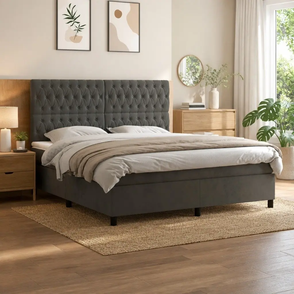 Queen Size Box Spring Bed Grey Velvet with Pocket Spring Mattress and LED Headboard