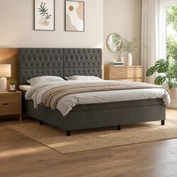Grey Velvet Queen Size Box Spring Bed with Pocket Spring Mattress