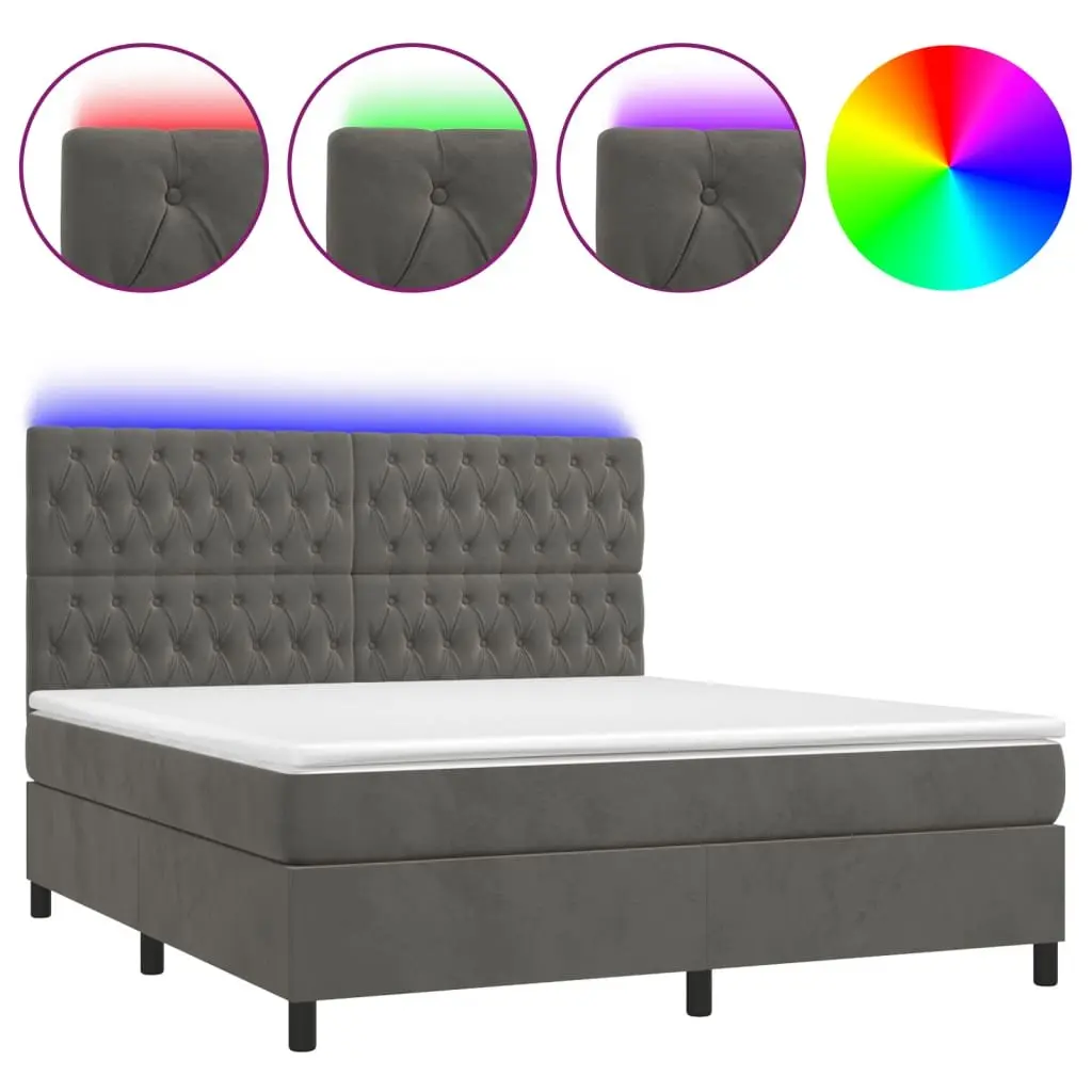 Queen Size Box Spring Bed Grey Velvet with Pocket Spring Mattress and LED Headboard