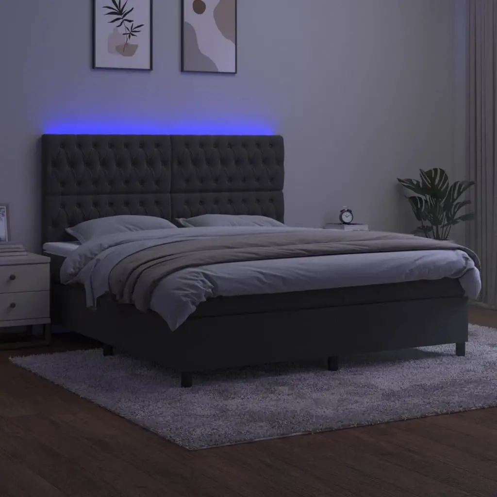 Queen Size Box Spring Bed Grey Velvet with Pocket Spring Mattress and LED Headboard