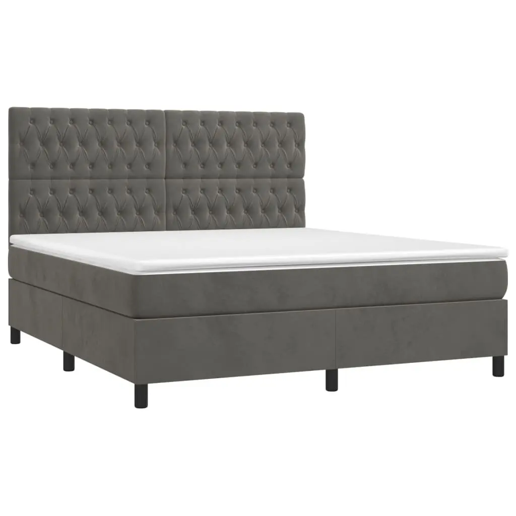 Queen Size Box Spring Bed Grey Velvet with Pocket Spring Mattress and LED Headboard