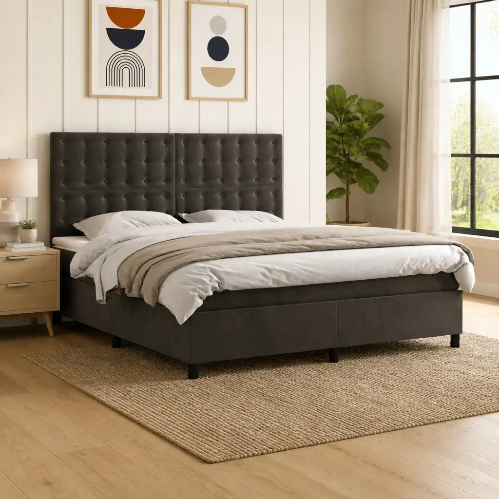 Box Spring Bed with LED Lights Queen Size Grey Velvet Pocket Spring Mattress
