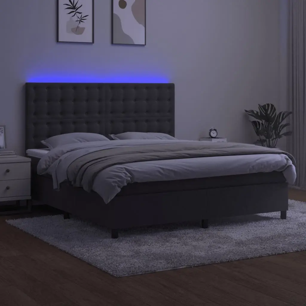 Box Spring Bed with LED Lights Queen Size Grey Velvet Pocket Spring Mattress