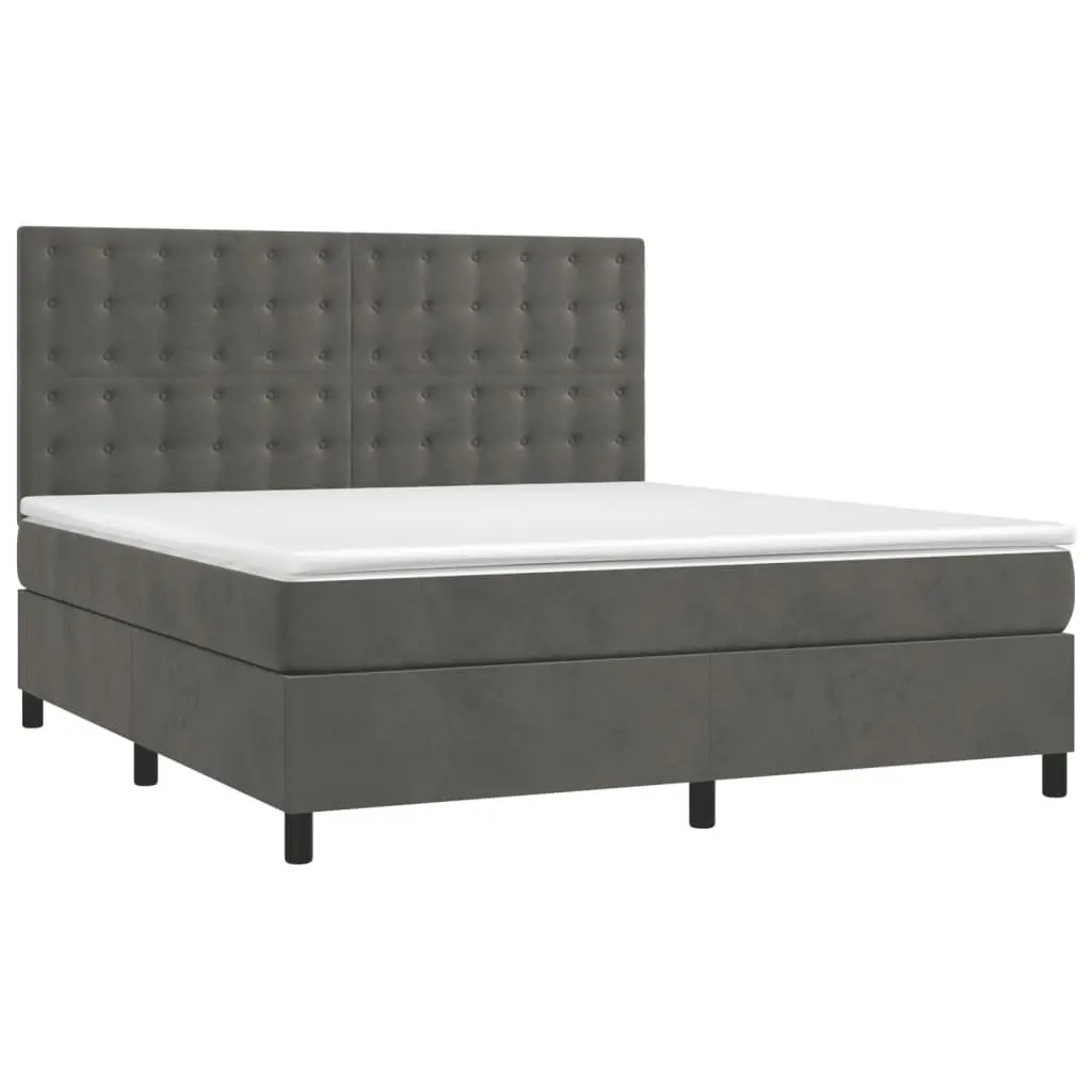 Box Spring Bed with LED Lights Queen Size Grey Velvet Pocket Spring Mattress