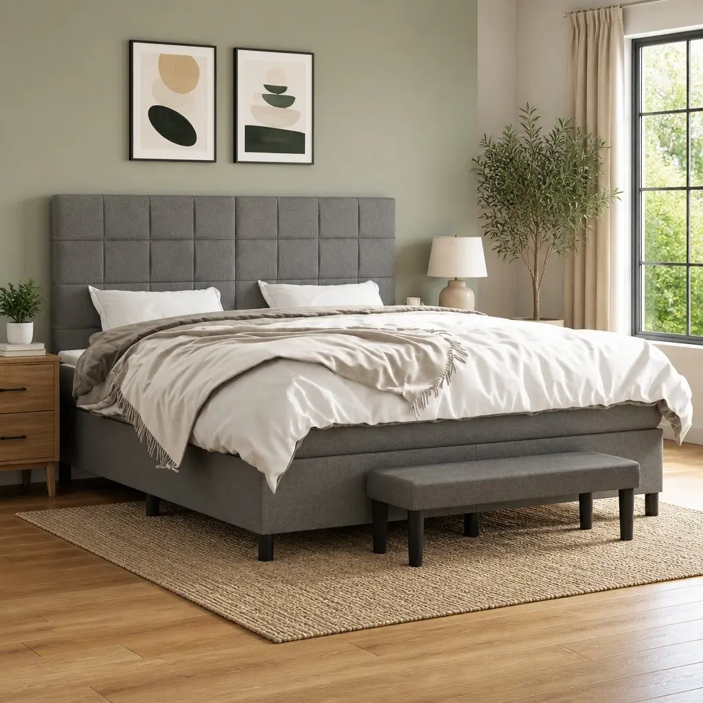 Queen Size Box Spring Bed Grey Fabric Headboard with Pocket Spring Mattress and Bench