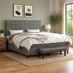 Stylish Queen Size Box Spring Bed with Grey Fabric Bench