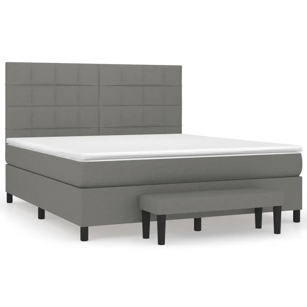Queen Size Box Spring Bed Grey Fabric Headboard with Pocket Spring Mattress and Bench