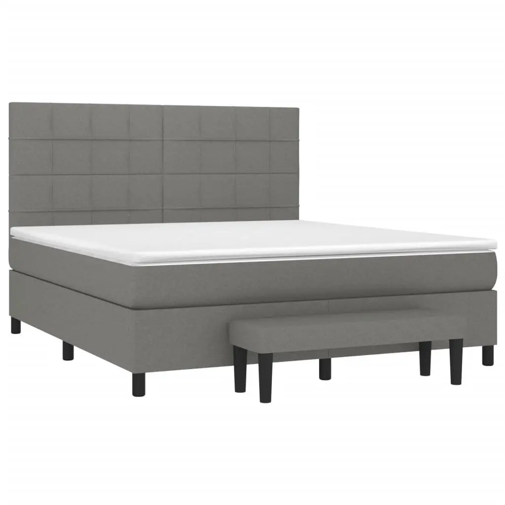 Queen Size Box Spring Bed Grey Fabric Headboard with Pocket Spring Mattress and Bench