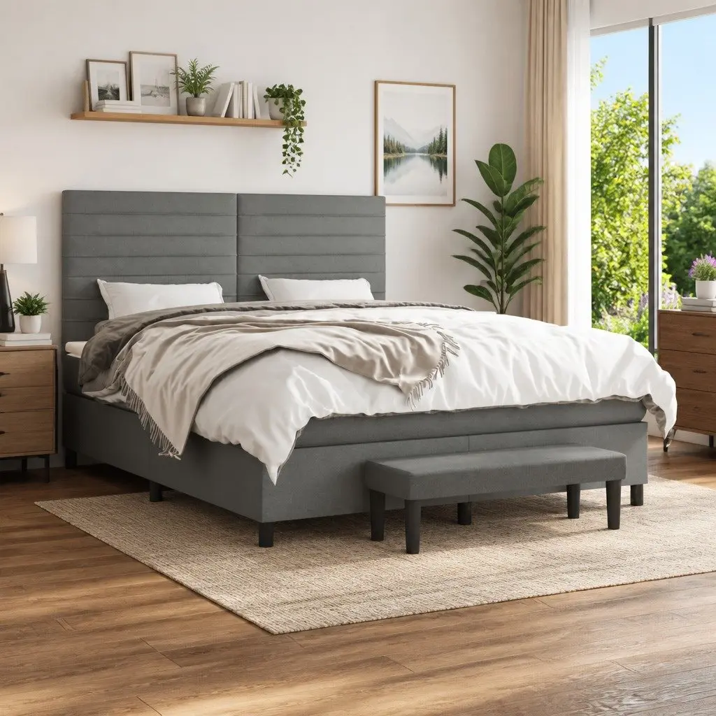 Queen Box Spring Bed Dark Grey Fabric Adjustable Headboard 152x203 cm