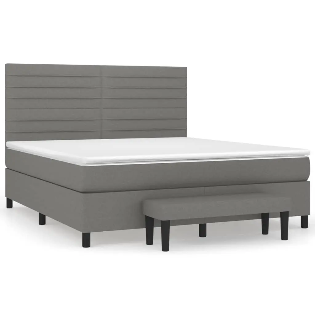 Queen Box Spring Bed Dark Grey Fabric Adjustable Headboard 152x203 cm