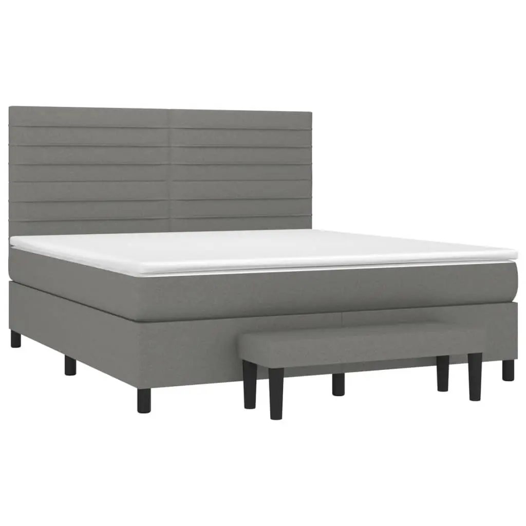 Queen Box Spring Bed Dark Grey Fabric Adjustable Headboard 152x203 cm