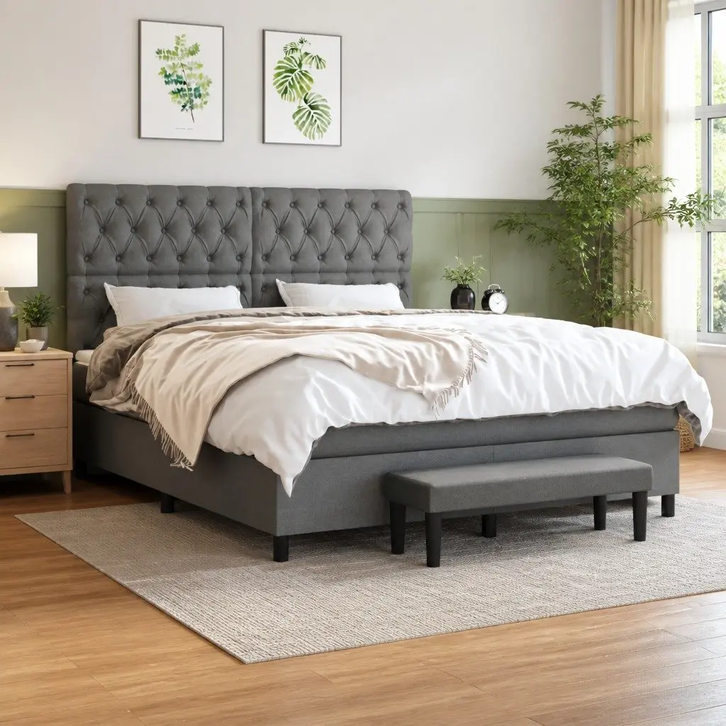 Queen Size Box Spring Bed with Adjustable Headboard Pocket Spring Mattress Dark Grey Fabric