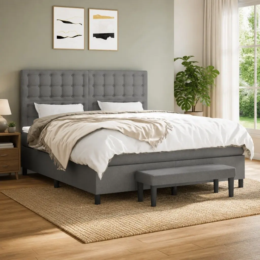Queen Box Spring Bed with Mattress Dark Grey Fabric Adjustable Headboard