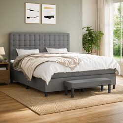 Grey Fabric Queen Size Box Spring Bed with Mattress
