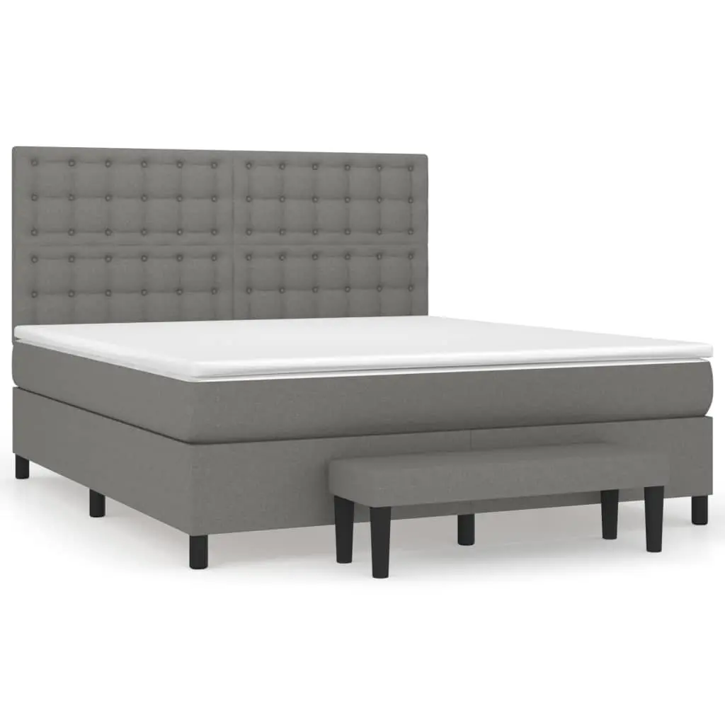 Queen Box Spring Bed with Mattress Dark Grey Fabric Adjustable Headboard