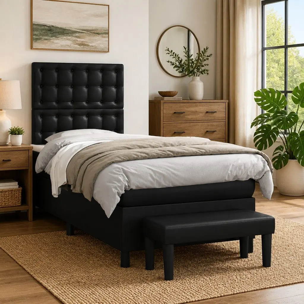 Box Spring Bed Faux Leather Black King Single with Pocket Spring Mattress