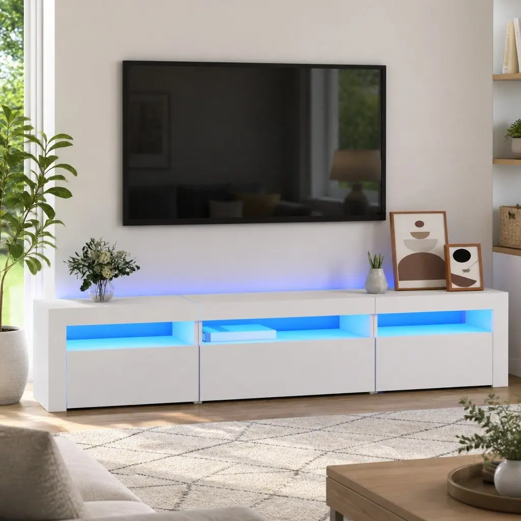 TV Cabinet Modern White RGB LED Lights Engineered Wood Storage Unit 195x35x40 cm