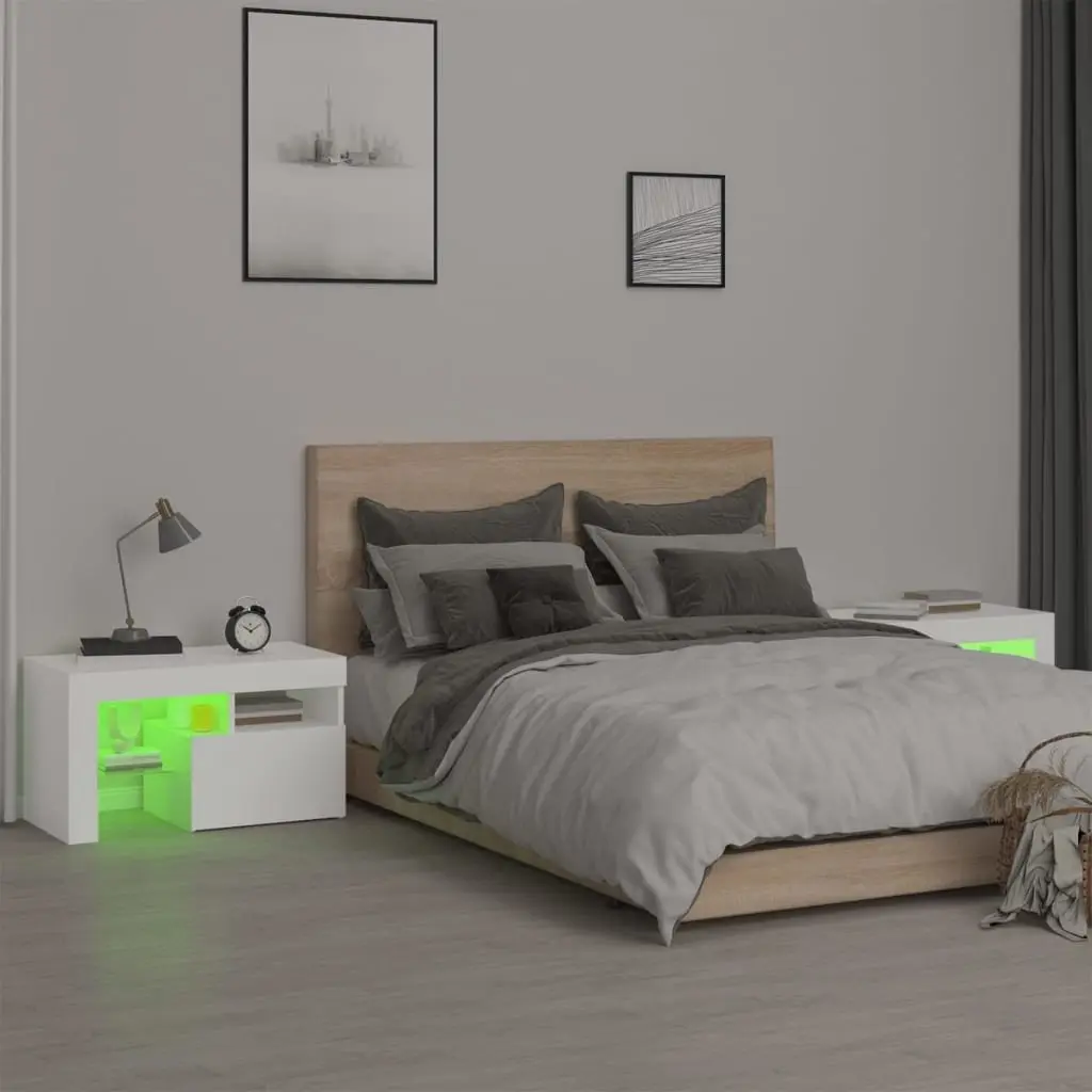 Bedside Cabinets Modern White 70x36.5x40cm Engineered Wood Set of 2 with RGB LED Lights