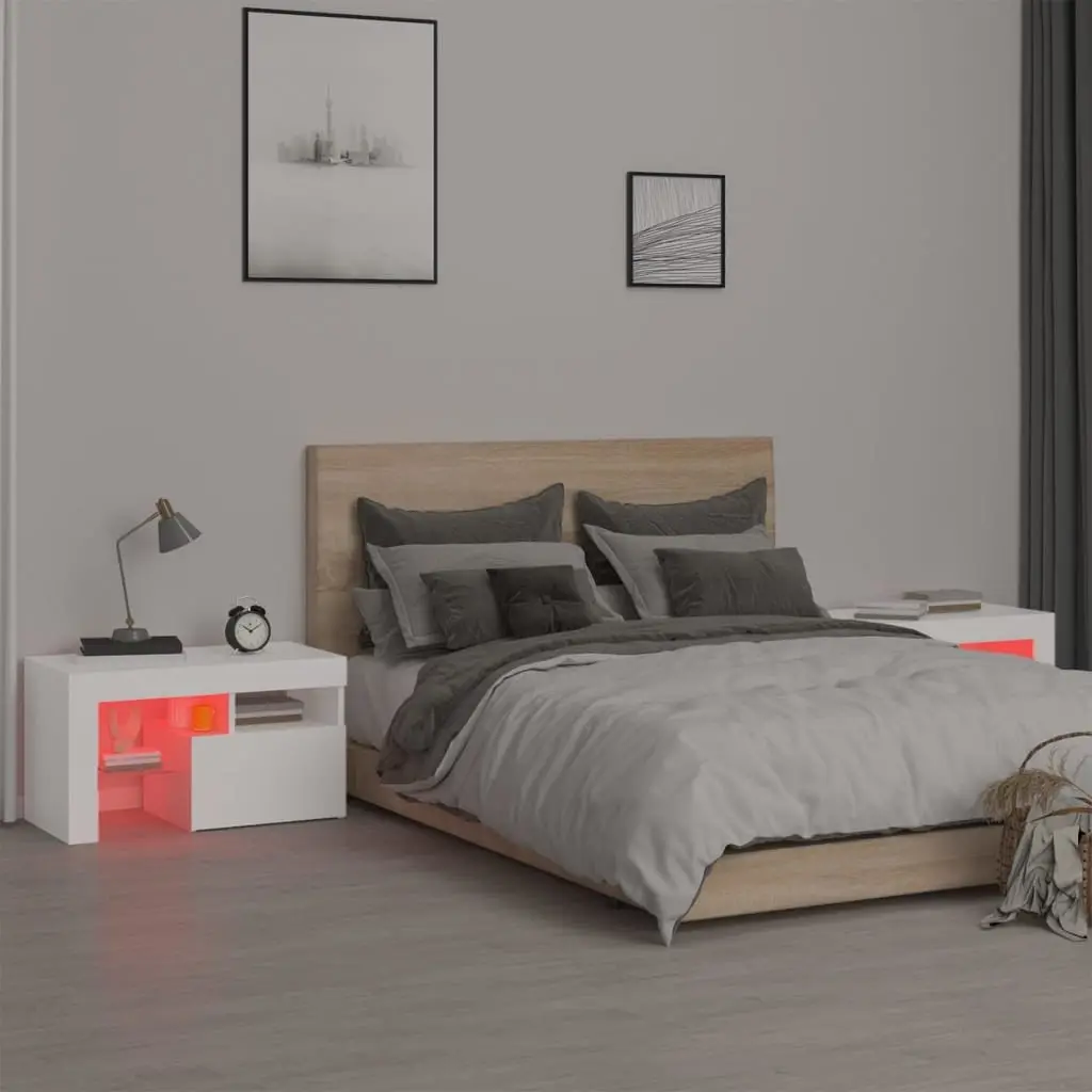 Bedside Cabinets Modern White 70x36.5x40cm Engineered Wood Set of 2 with RGB LED Lights