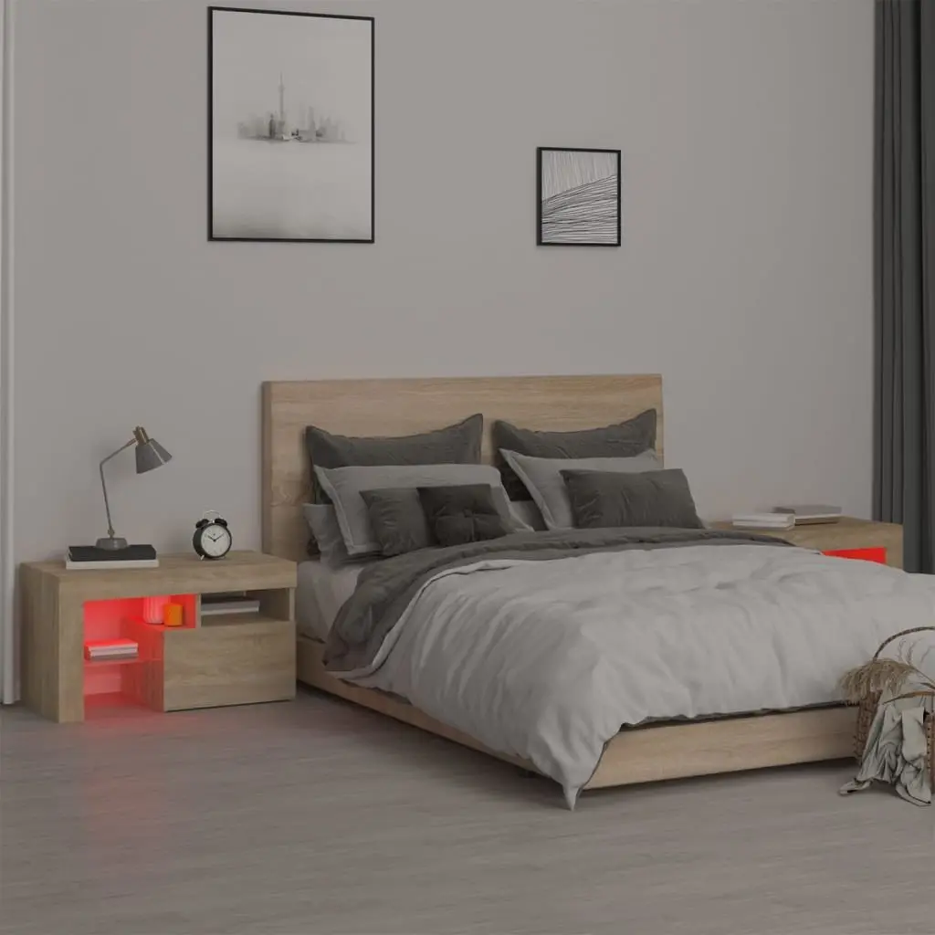 Bedside Cabinets 2 pcs LED Lights Modern Storage Nightstand Table Sonoma Oak