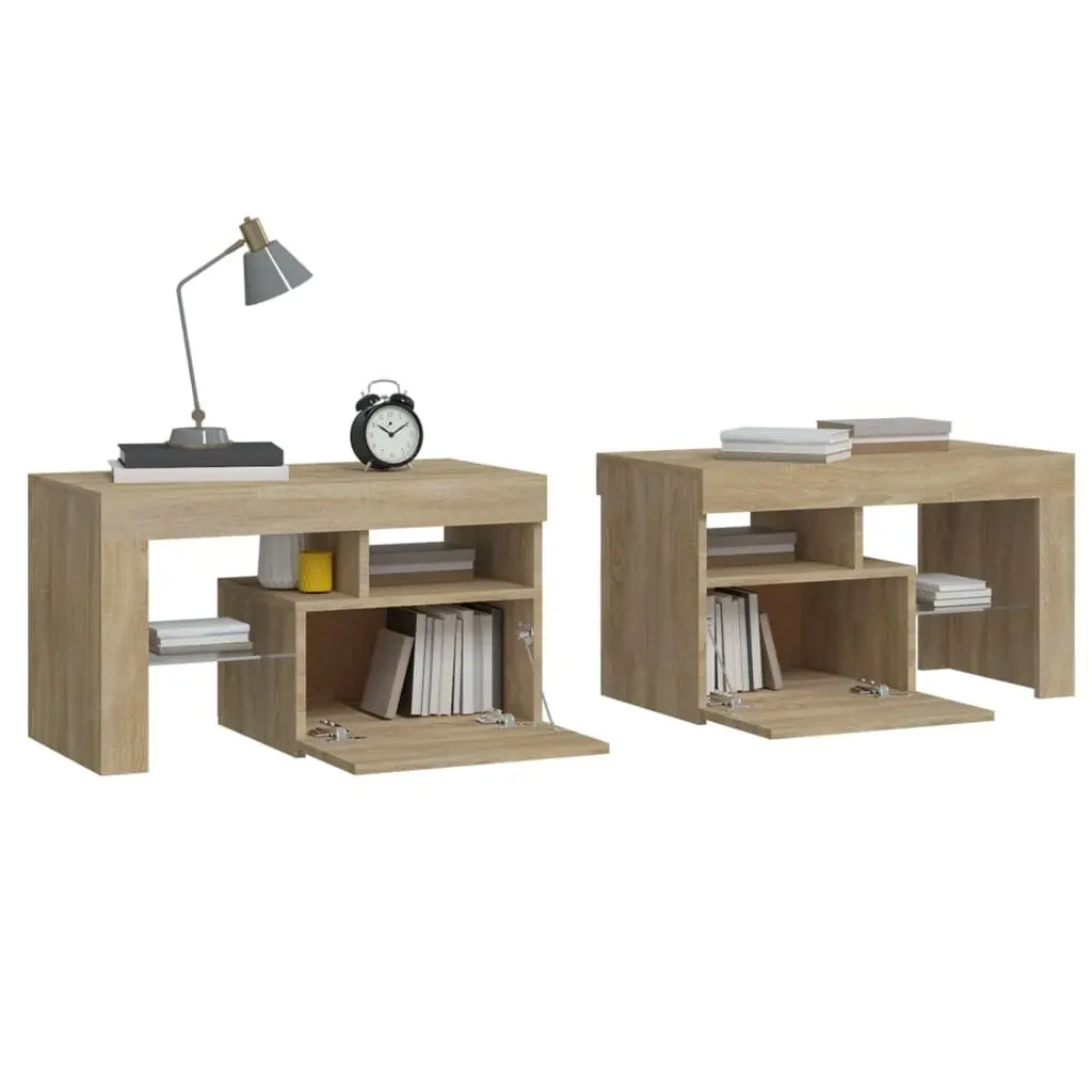Bedside Cabinets 2 pcs LED Lights Modern Storage Nightstand Table Sonoma Oak