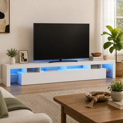 White TV Cabinet with RGB LED Lights and Storage