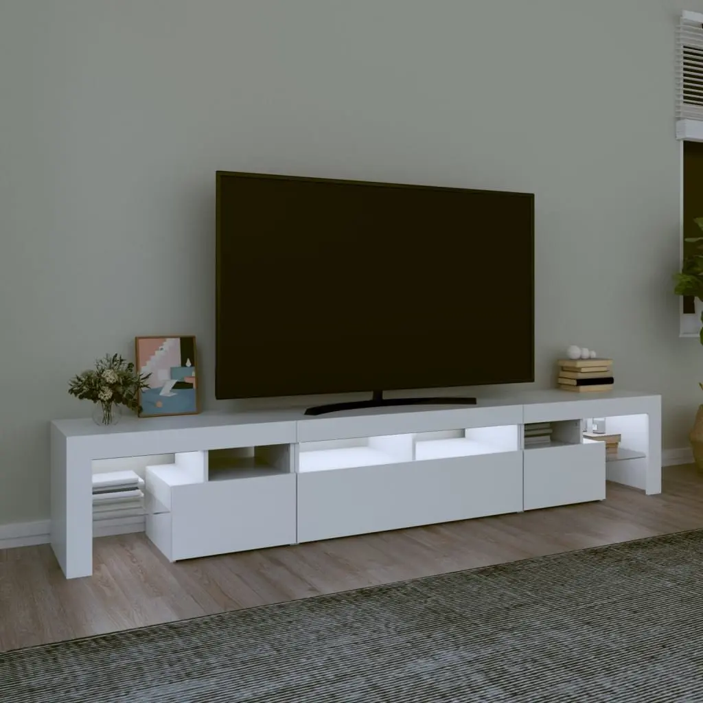 TV Cabinet White Modern 230cm Engineered Wood with RGB LED Lights