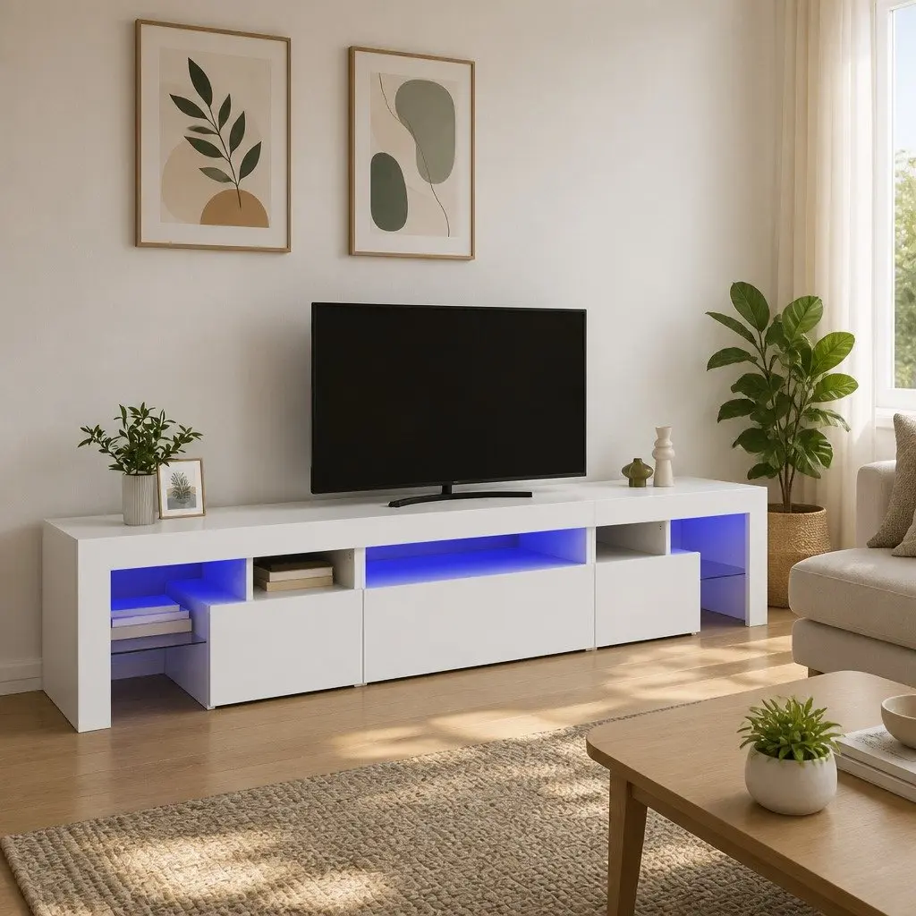 TV Cabinet Modern White 215x36.5x40 cm Engineered Wood with RGB LED Lights