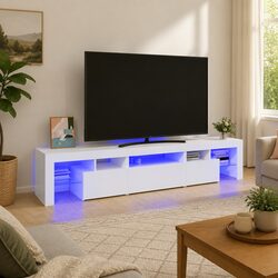 White Modern TV Cabinet with RGB LED Lights 200cm