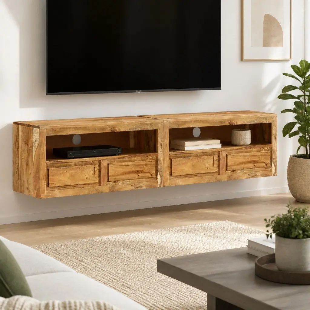 Acacia Wood TV Cabinet Storage Unit 88x30x40 cm Brown with Drawers and Shelf for Living Room Entertainment Area