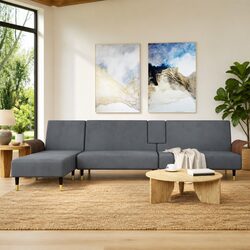 Grey L-Shaped Convertible Sofa Bed with Tea Table